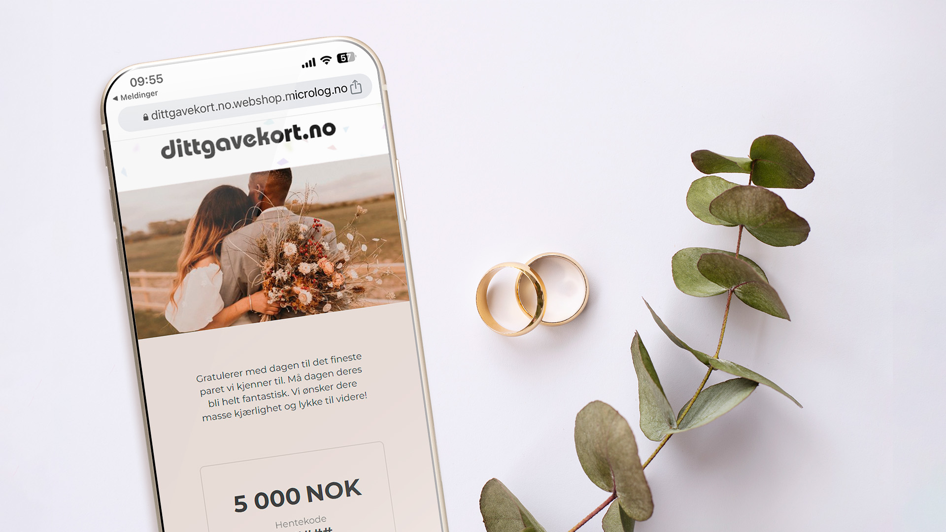 smarttelefon med dittgavekort og to gullringer