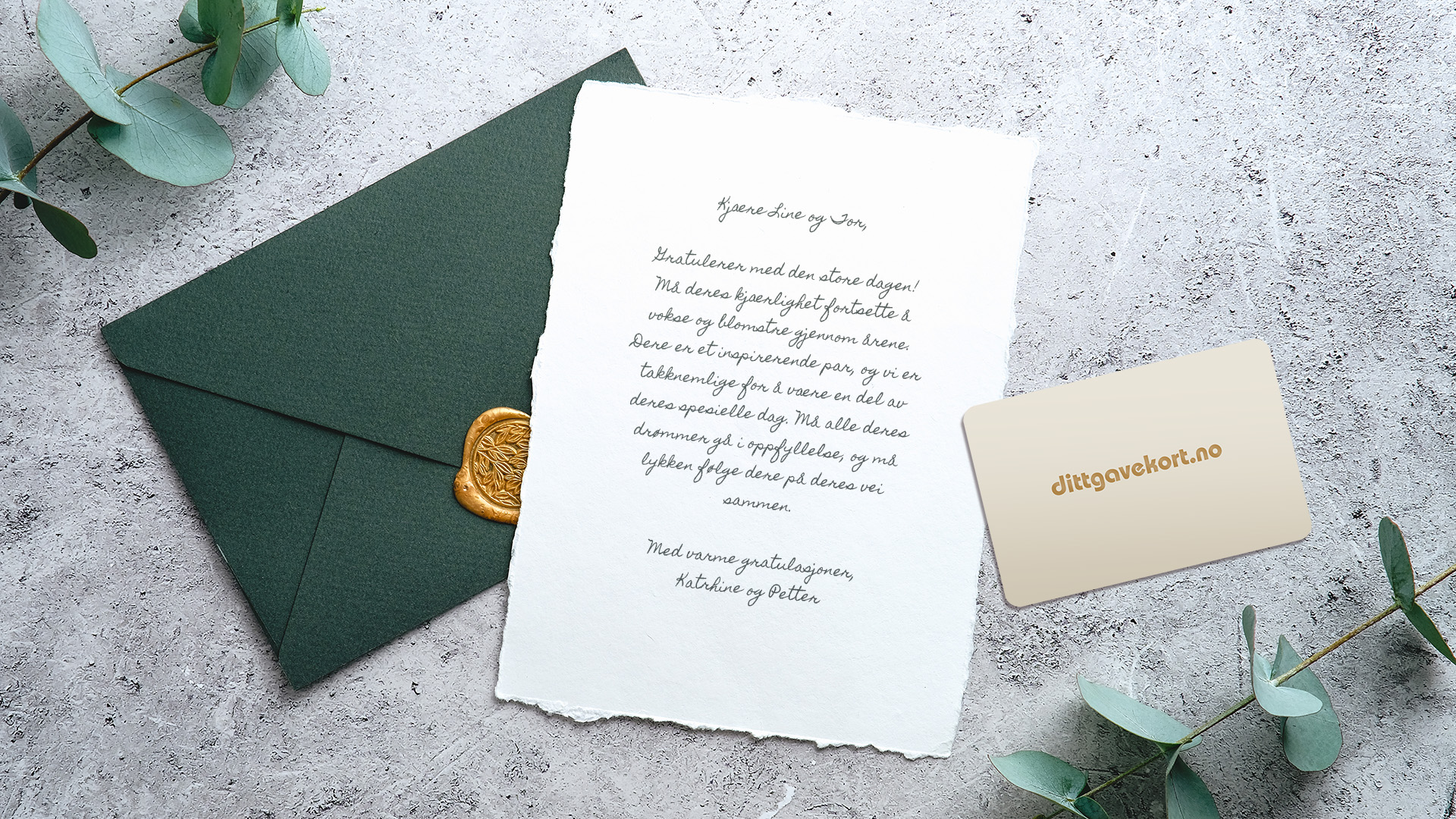 dittgavekort.no og et bryllupskort og konvolutt