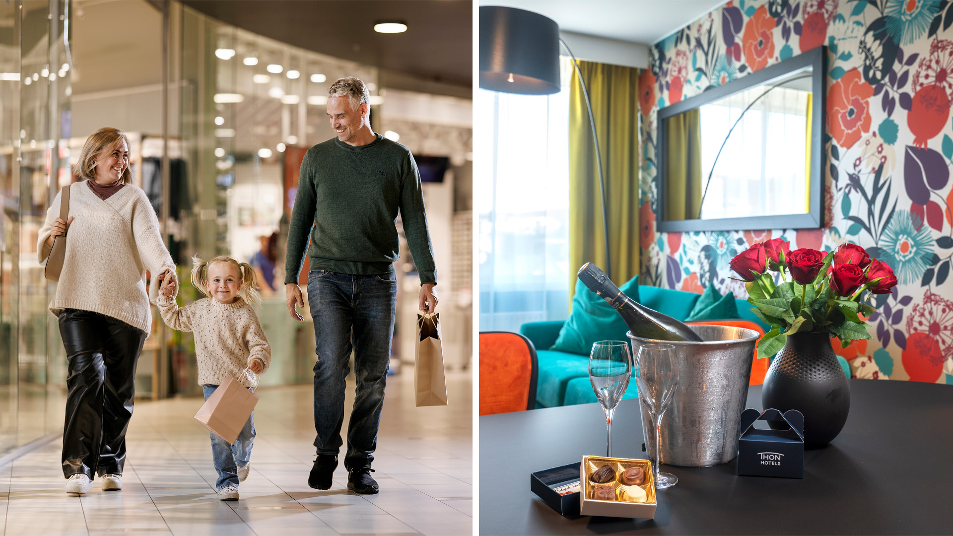 Bilde av folk som er på kjøpesenter og en seng på et hotell.