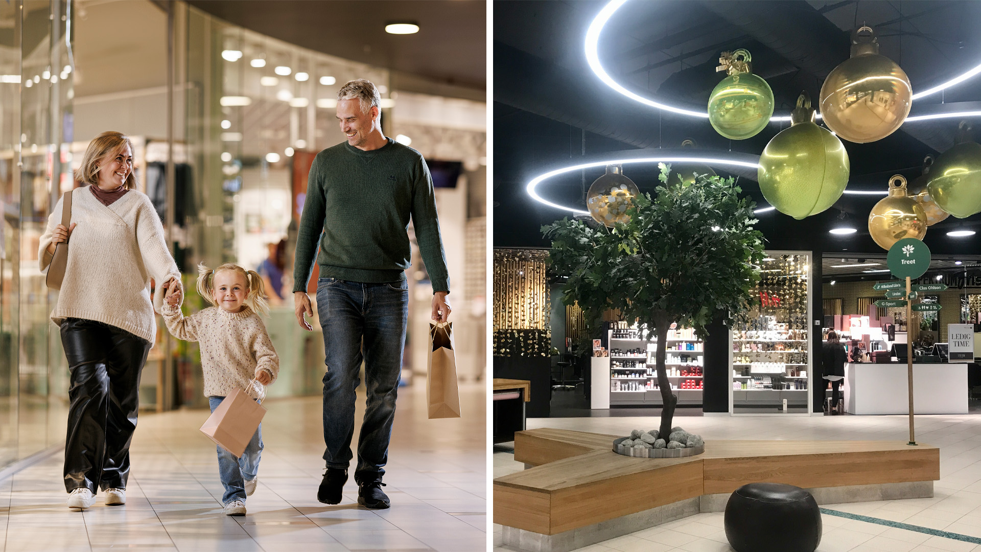 Bilde av folk som er på kjøpesenter og en seng på et hotell.