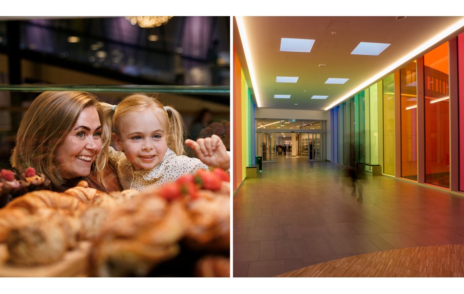 Bilde av folk som er på kjøpesenter og en seng på et hotell.