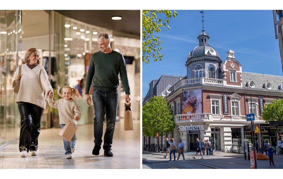 Bilde av folk som er på kjøpesenter og en seng på et hotell.