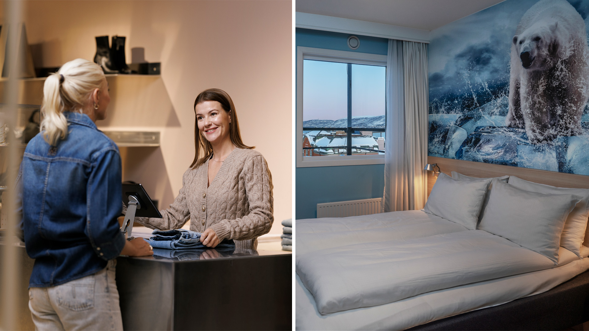 Bilde av folk som er på kjøpesenter og en seng på et hotell.