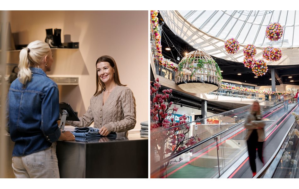 Bilde av folk som er på kjøpesenter og en seng på et hotell.